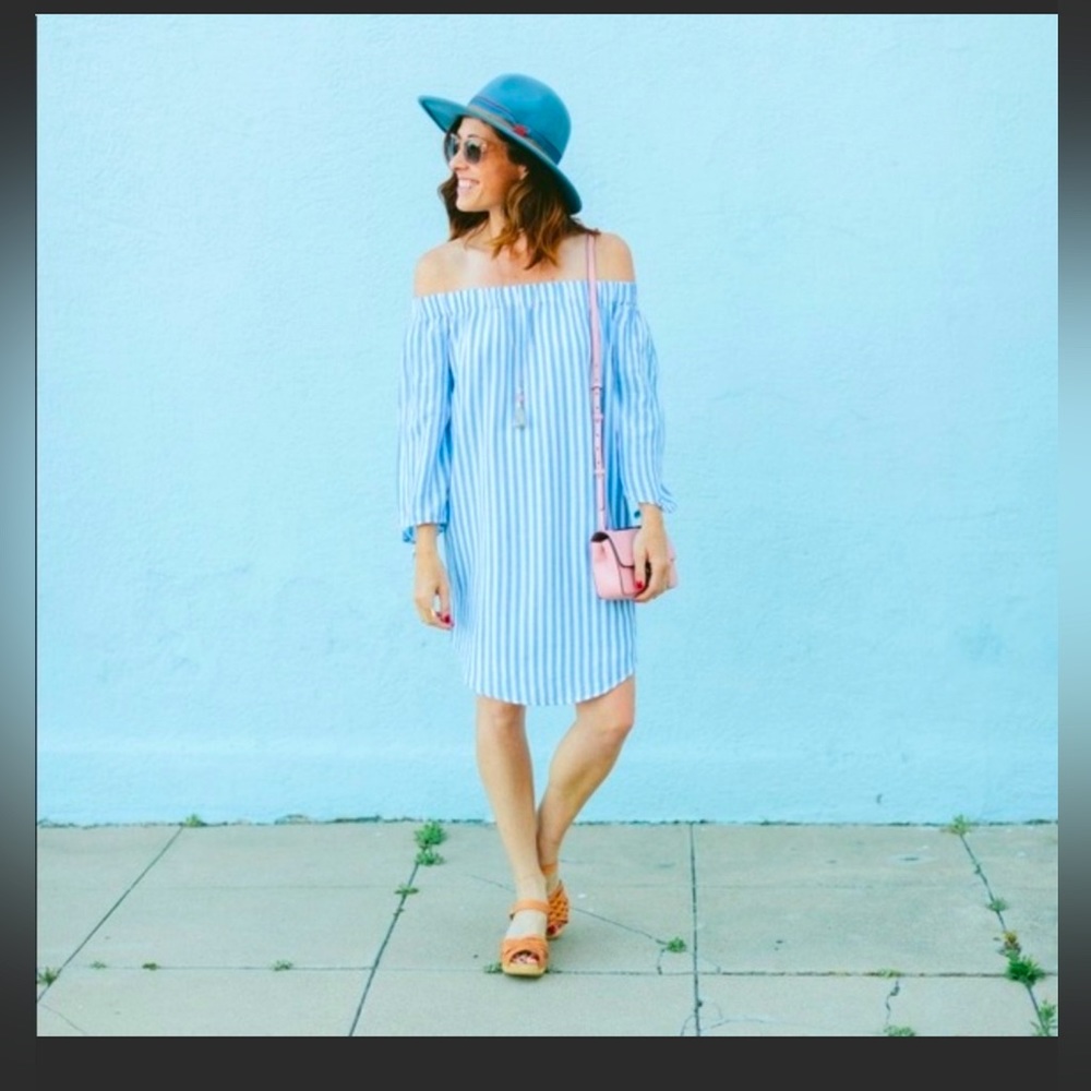 old navy striped off shoulder dress with tie sleeve detail